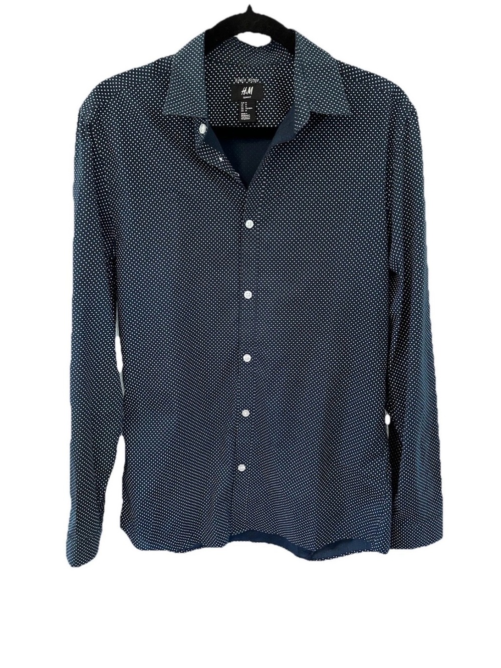 H&M Men's Navy Button-Down Shirt with White Micro Dots